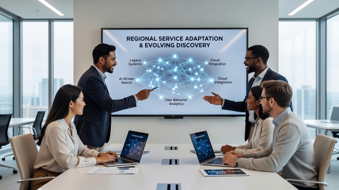 Team of regional network engineers analyzing discovery mechanism analytics on large collaborative screens
